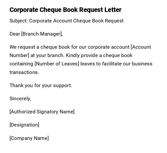 Corporate Cheque Book Request Letter Corporate Cheque Book Request Letter