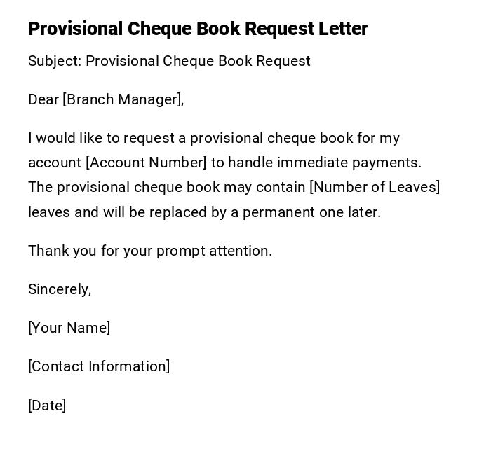 Provisional Cheque Book Request Letter Provisional Cheque Book Request Letter