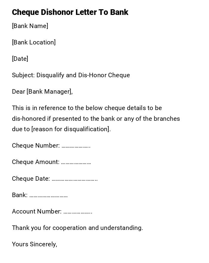 Cheque Dishonor Letter To Bank