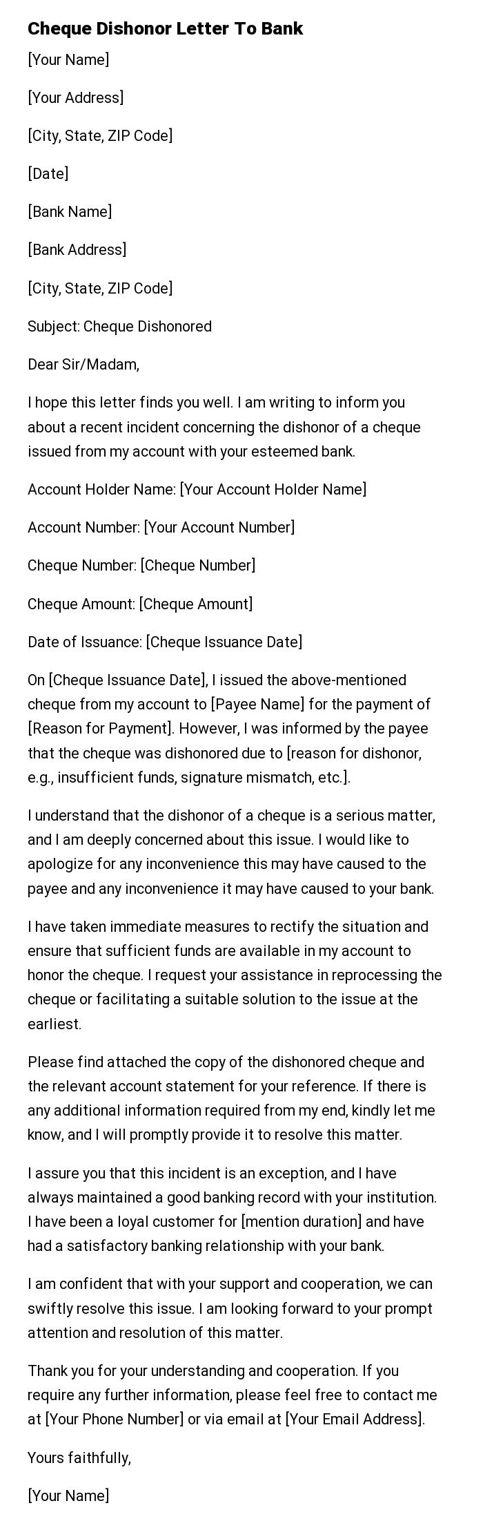 Cheque Dishonor Letter To Bank