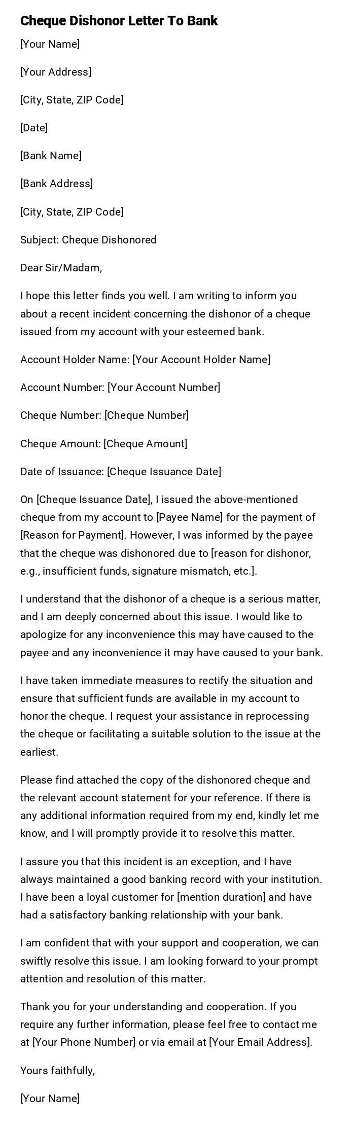 Cheque Dishonor Letter To Bank