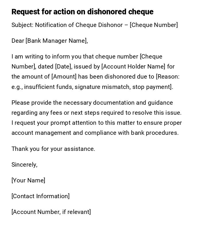 Request for action on dishonored cheque Request for action on dishonored cheque