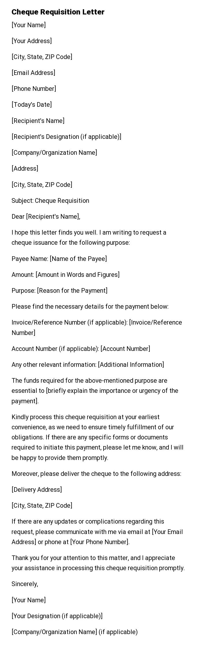 Cheque Requisition Letter