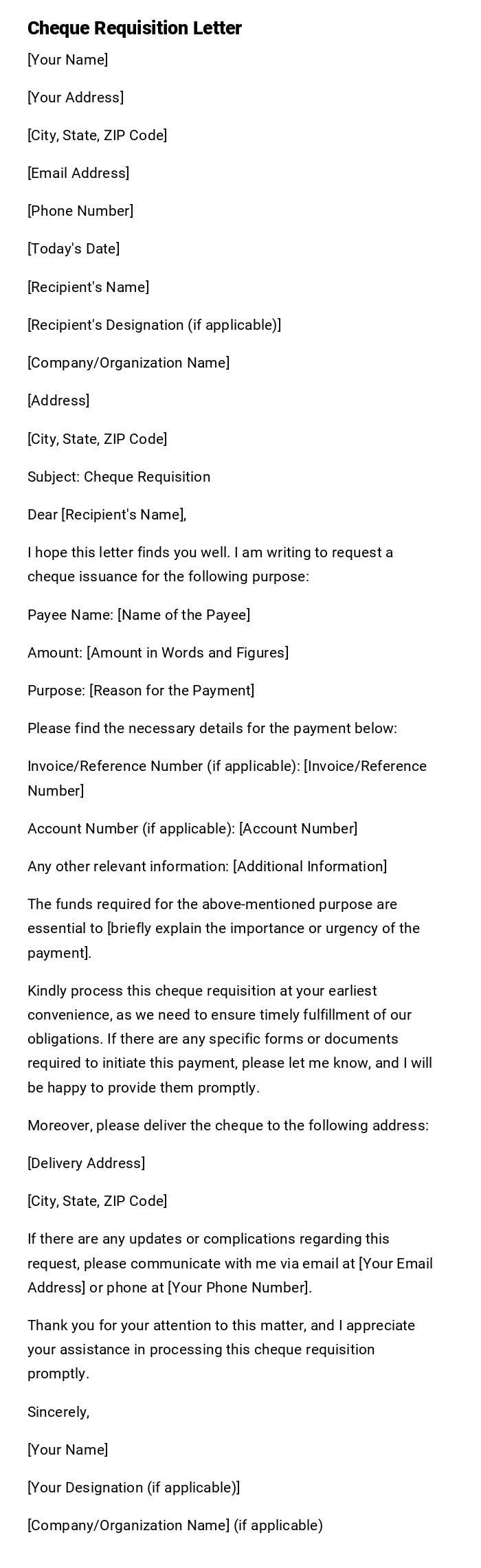 Cheque Requisition Letter