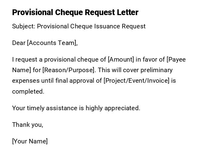 Provisional Cheque Request Letter Provisional Cheque Request Letter