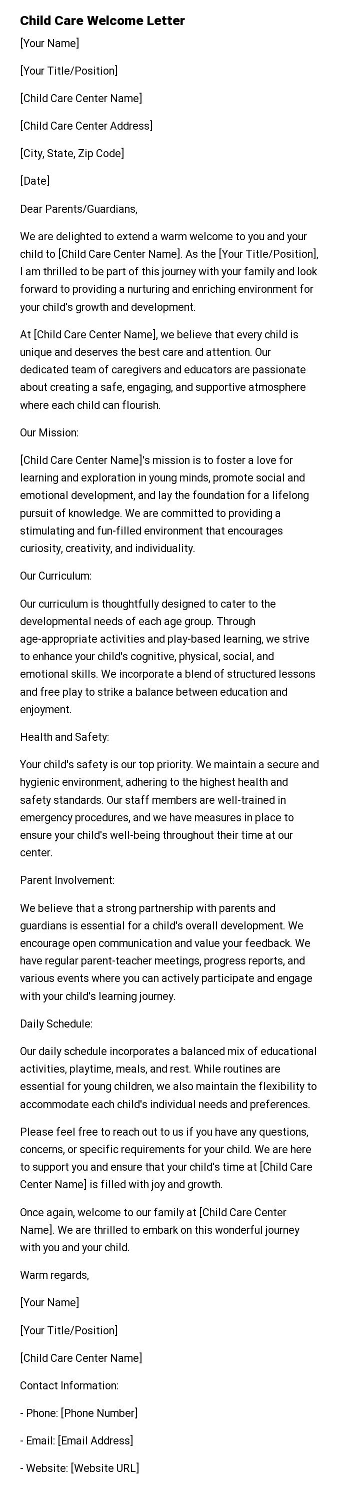 Child Care Welcome Letter