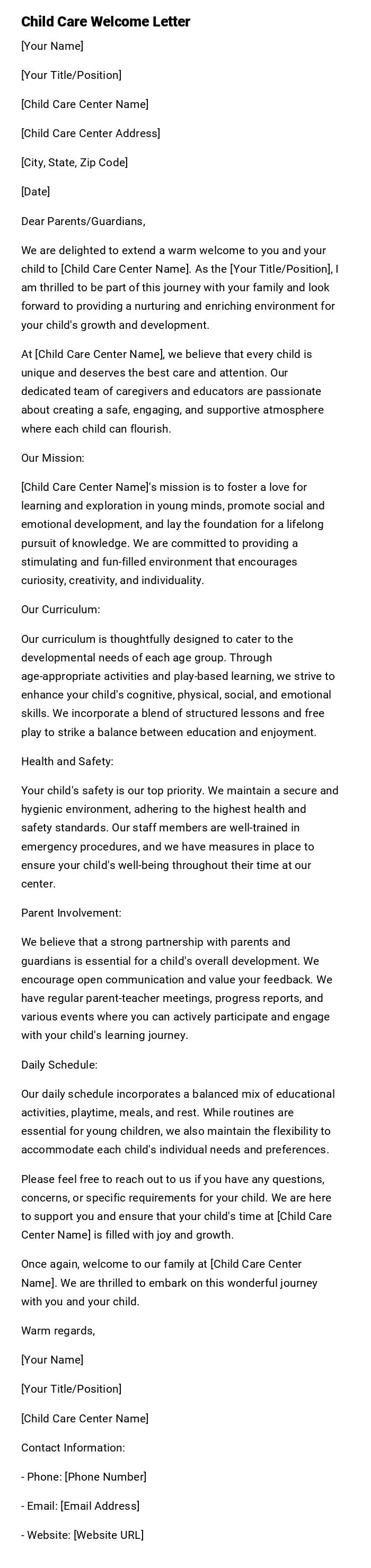 Child Care Welcome Letter