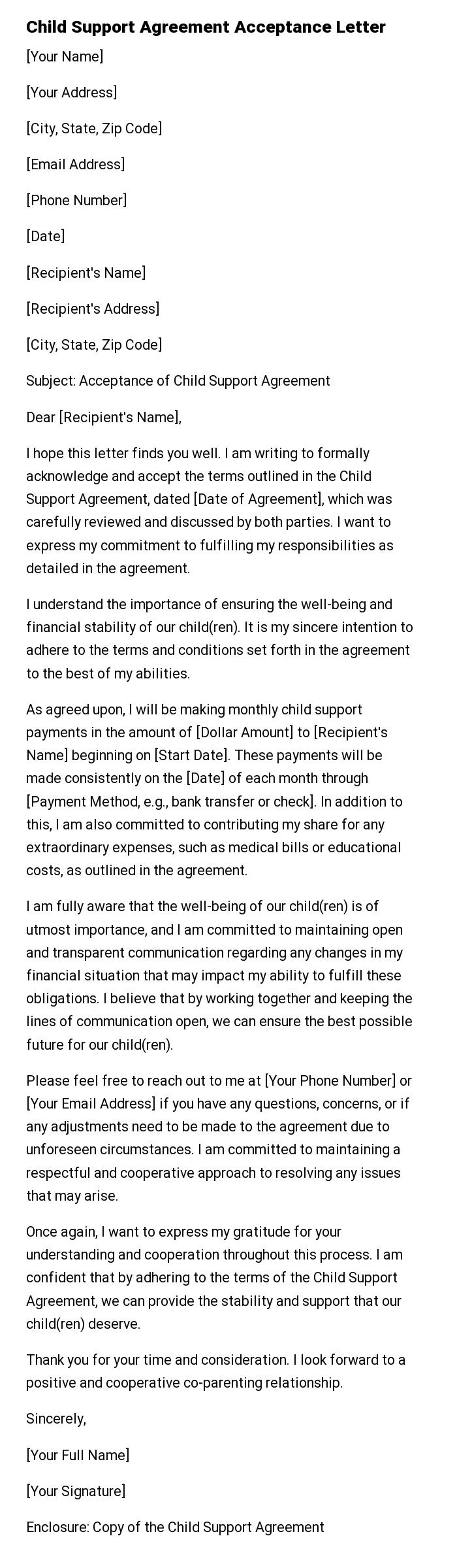 Child Support Agreement Acceptance Letter
