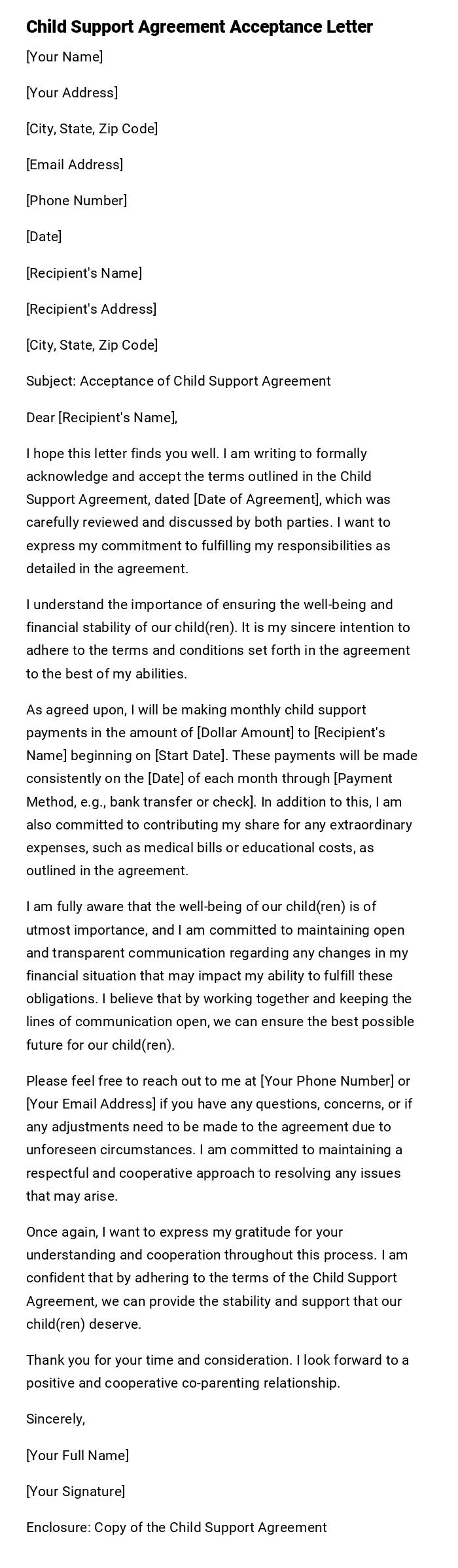 Child Support Agreement Acceptance Letter