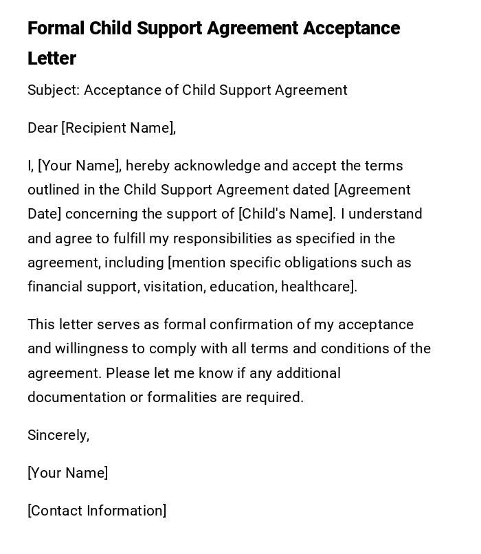 Formal Child Support Agreement Acceptance Letter Formal Child Support Agreement Acceptance Letter