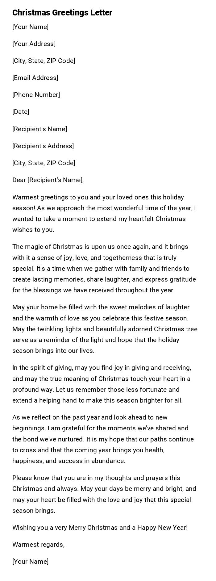 Christmas Greetings Letter