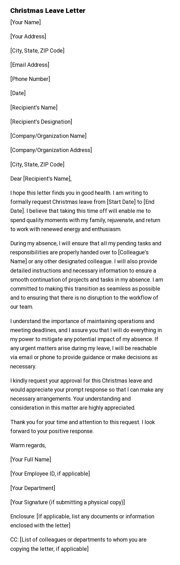 Christmas Leave Letter