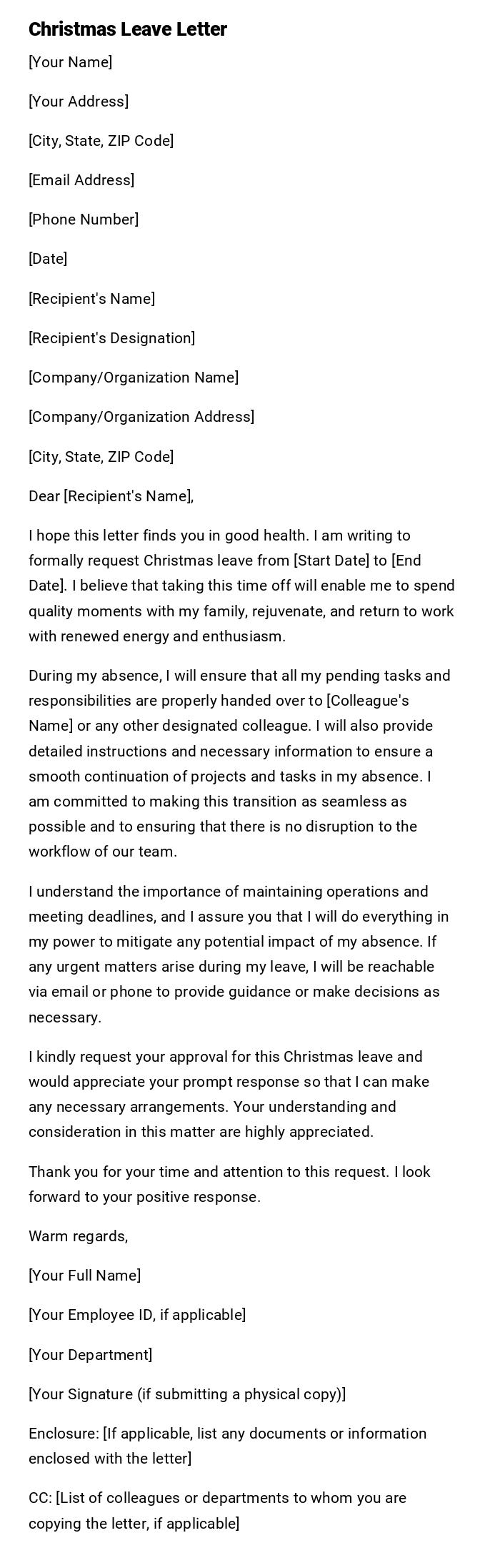 Christmas Leave Letter