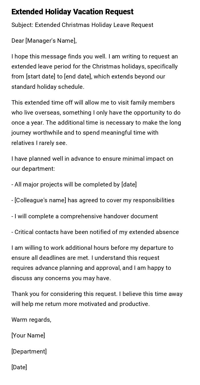 Extended Holiday Vacation Request Extended Holiday Vacation Request