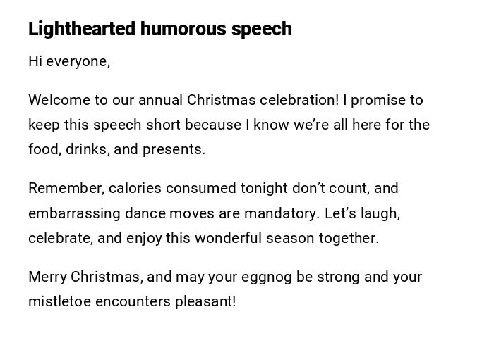 Lighthearted humorous speech
