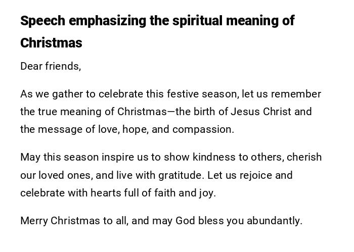 Speech emphasizing the spiritual meaning of Christmas