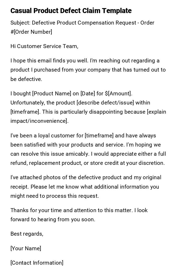 Casual Product Defect Claim Template Casual Product Defect Claim Template