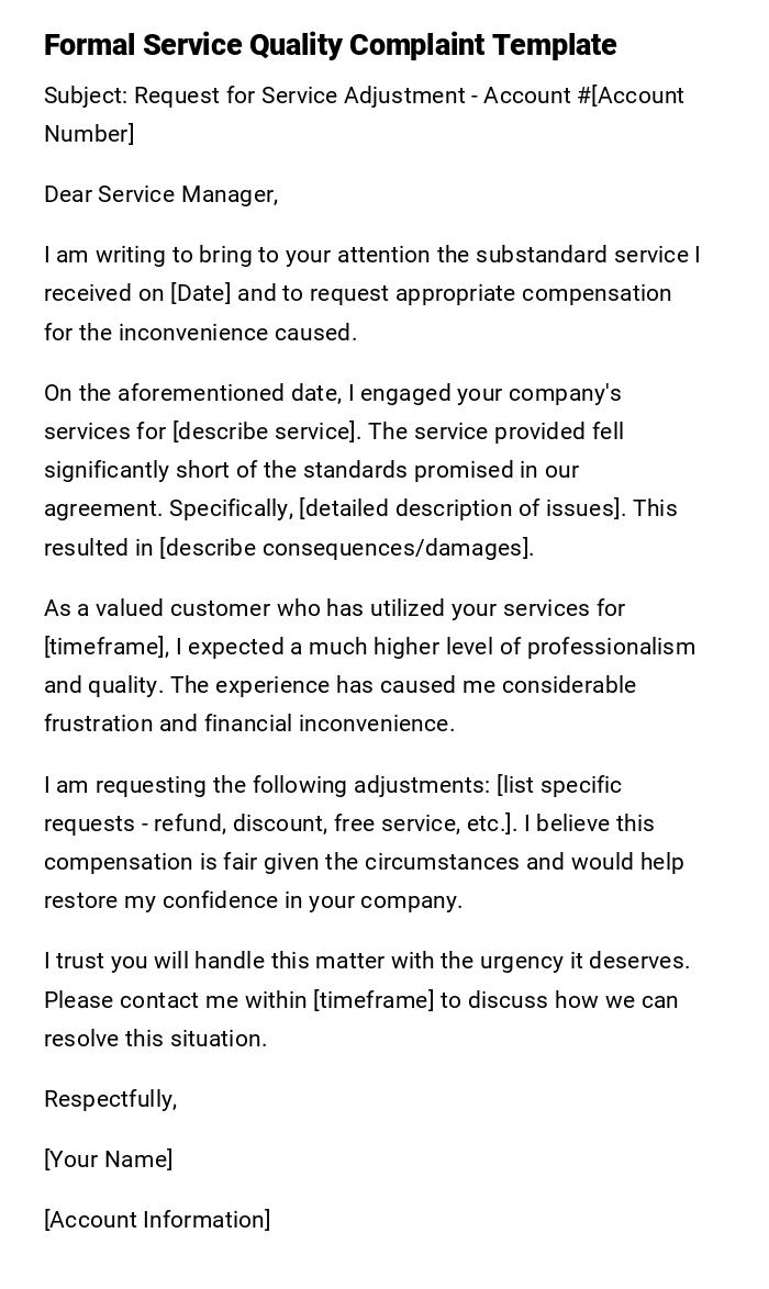 Formal Service Quality Complaint Template Formal Service Quality Complaint Template