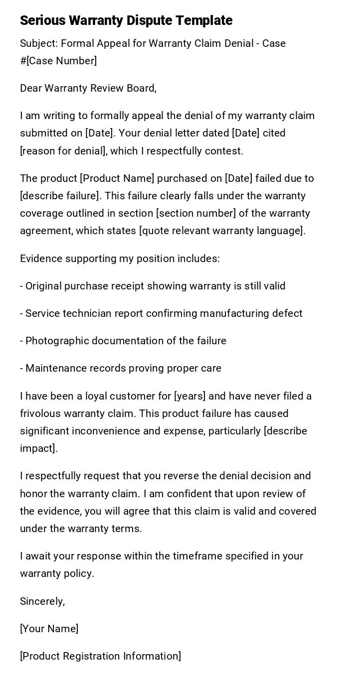 Serious Warranty Dispute Template Serious Warranty Dispute Template