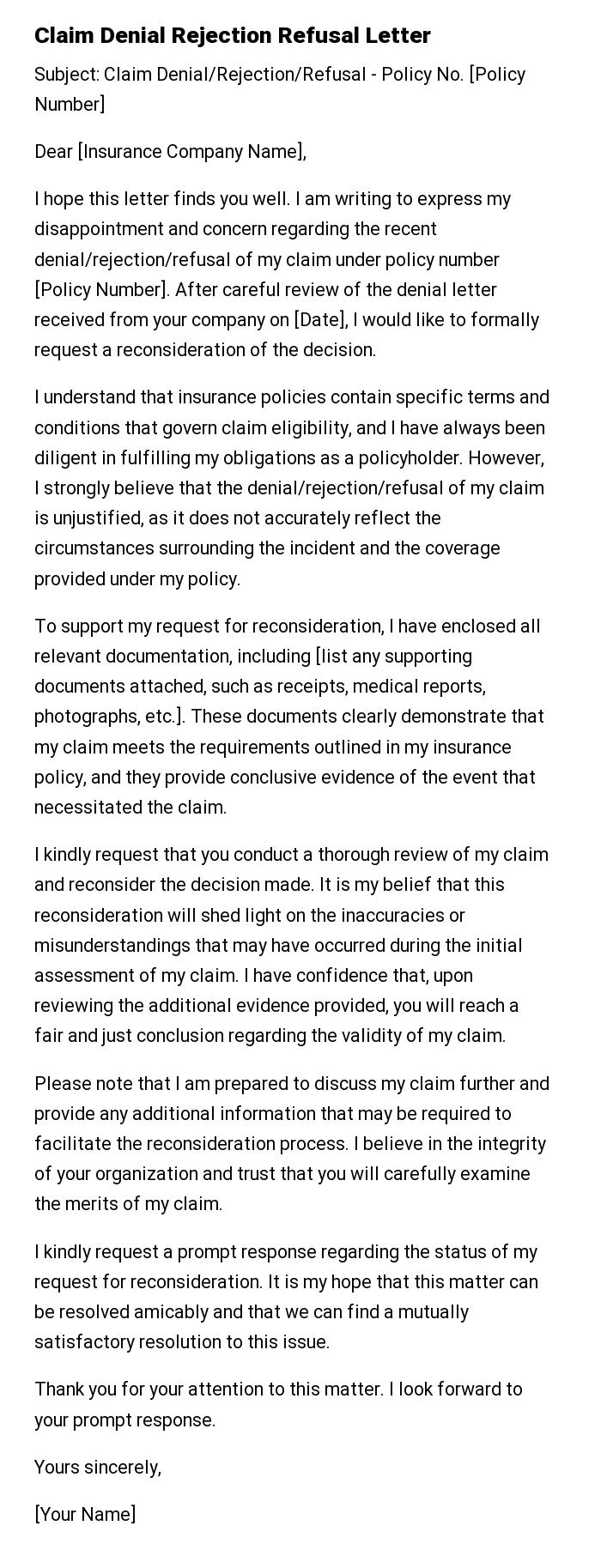 Claim Denial Rejection Refusal Letter