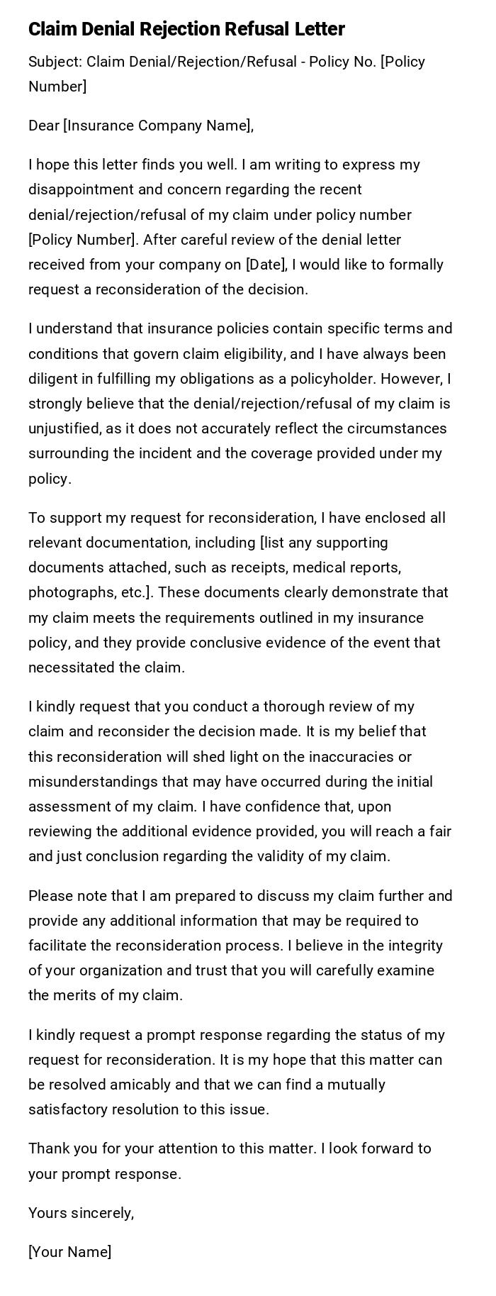 Claim Denial Rejection Refusal Letter