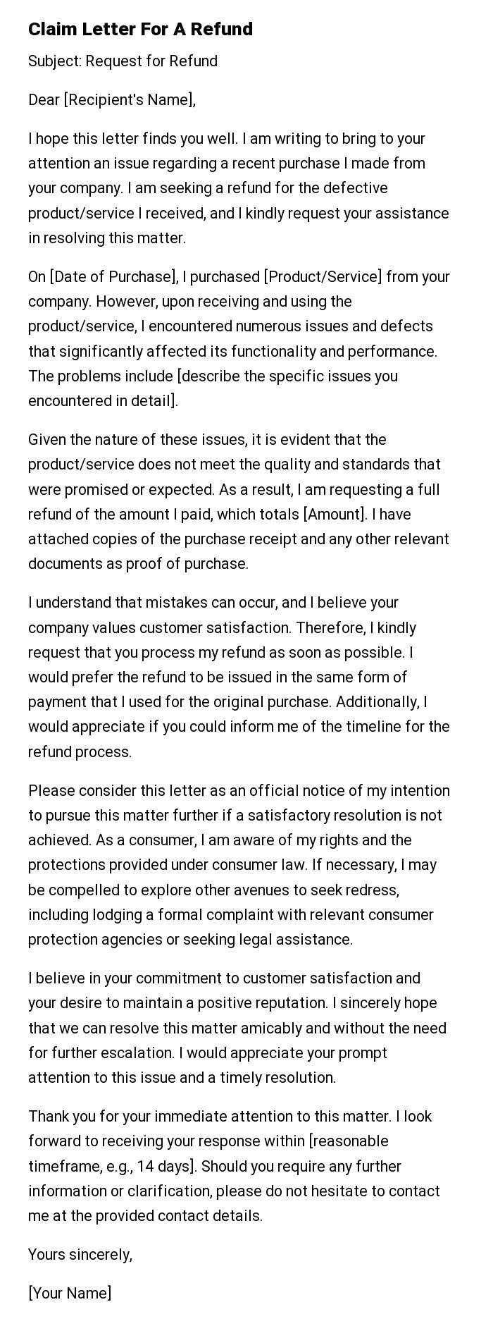 Claim Letter For A Refund