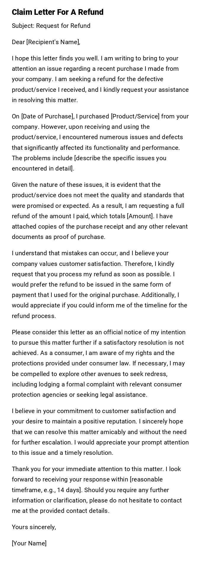 Claim Letter For A Refund