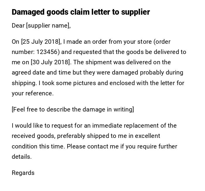 Damaged goods claim letter to supplier