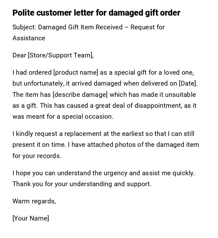 Polite customer letter for damaged gift order