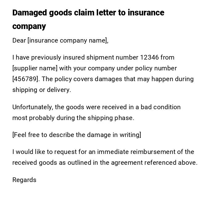 Damaged goods claim letter to insurance company