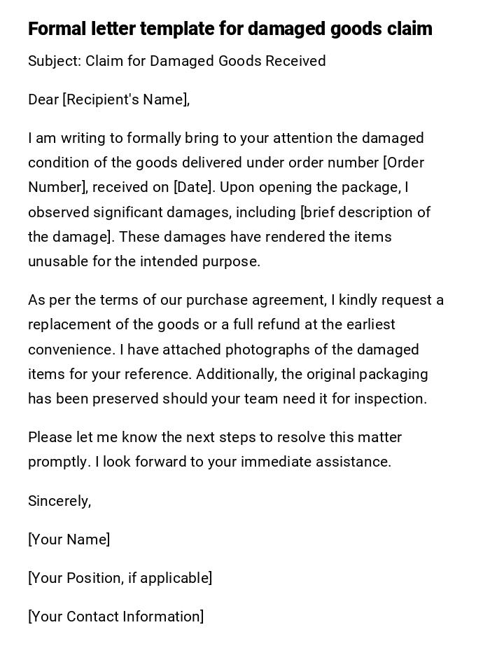 Formal letter template for damaged goods claim