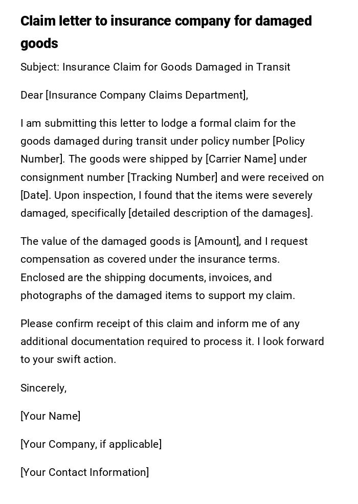 Claim letter to insurance company for damaged goods