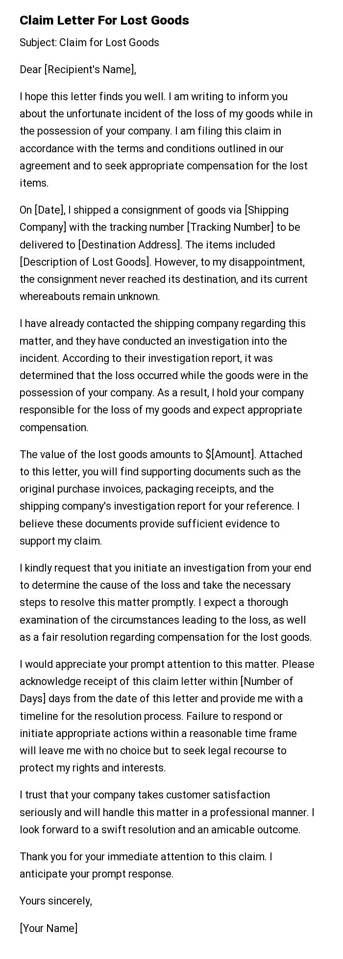 Claim Letter For Lost Goods