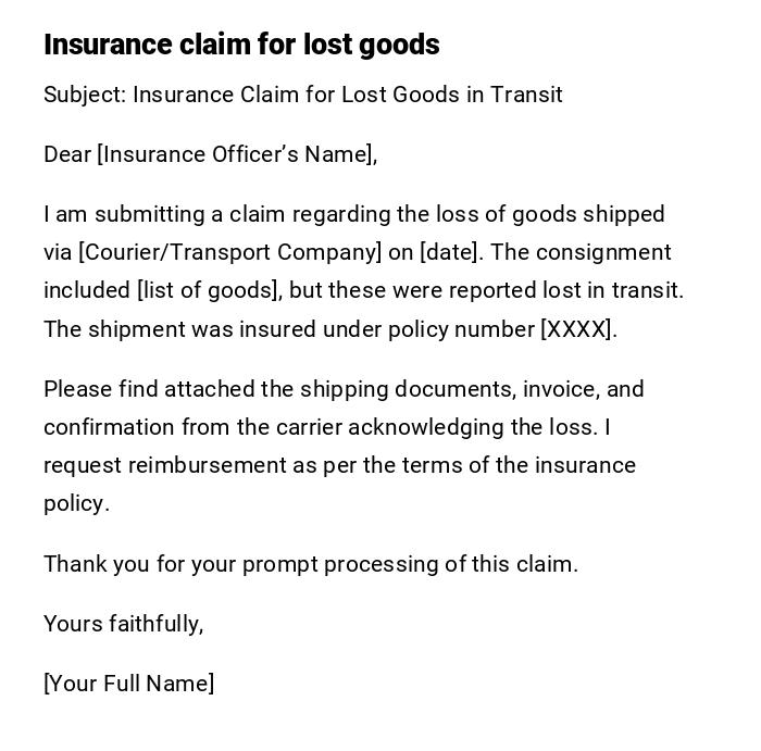 Insurance claim for lost goods Insurance claim for lost goods