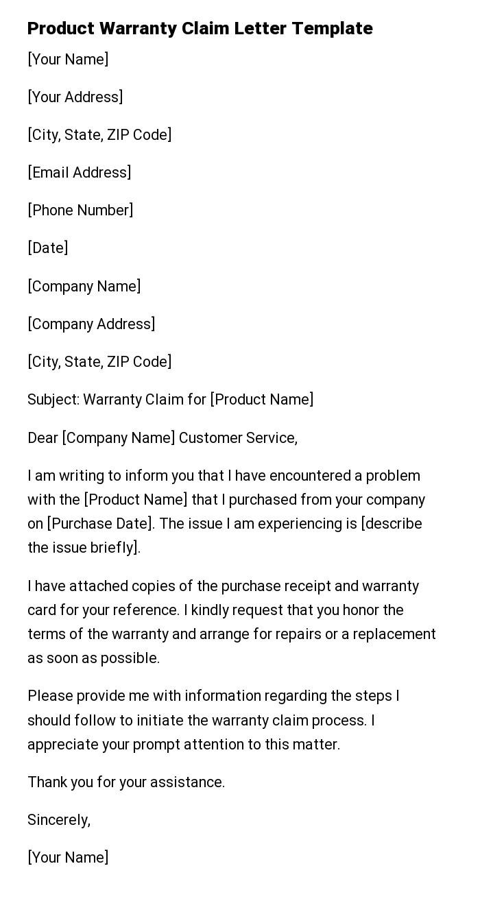 Product Warranty Claim Letter Template
