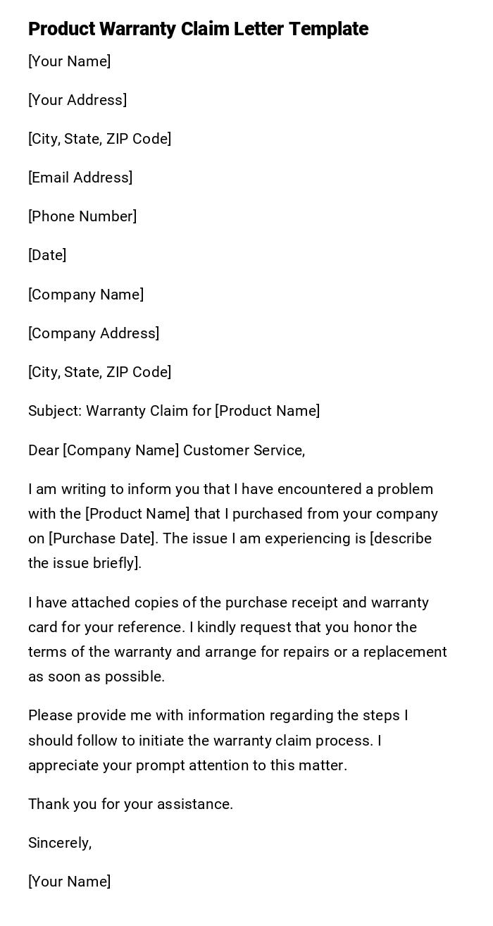 Product Warranty Claim Letter Template