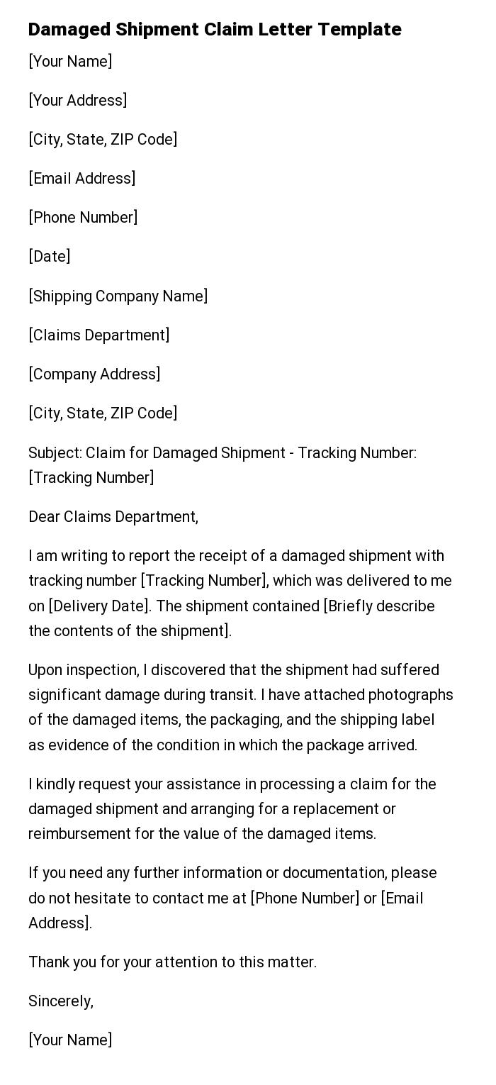 Damaged Shipment Claim Letter Template