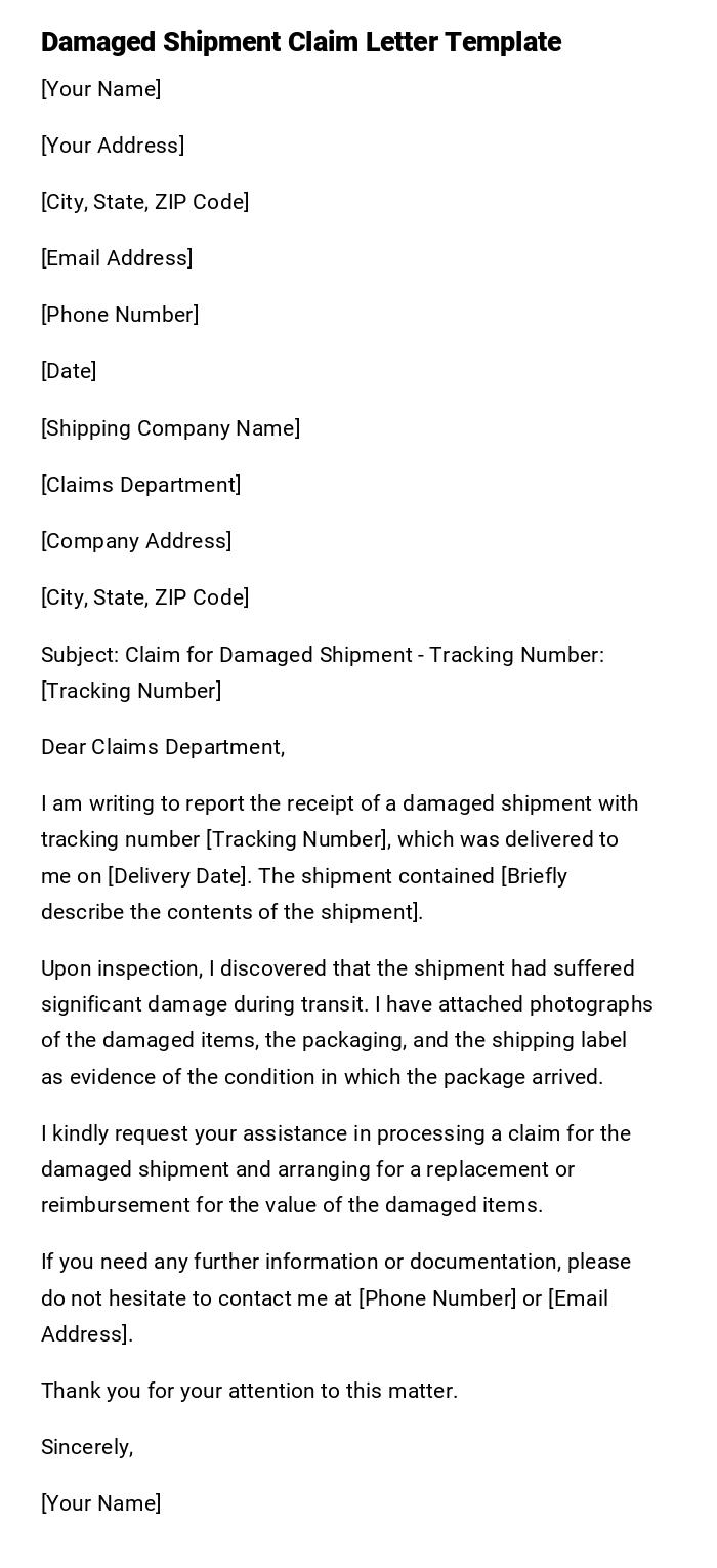 Damaged Shipment Claim Letter Template