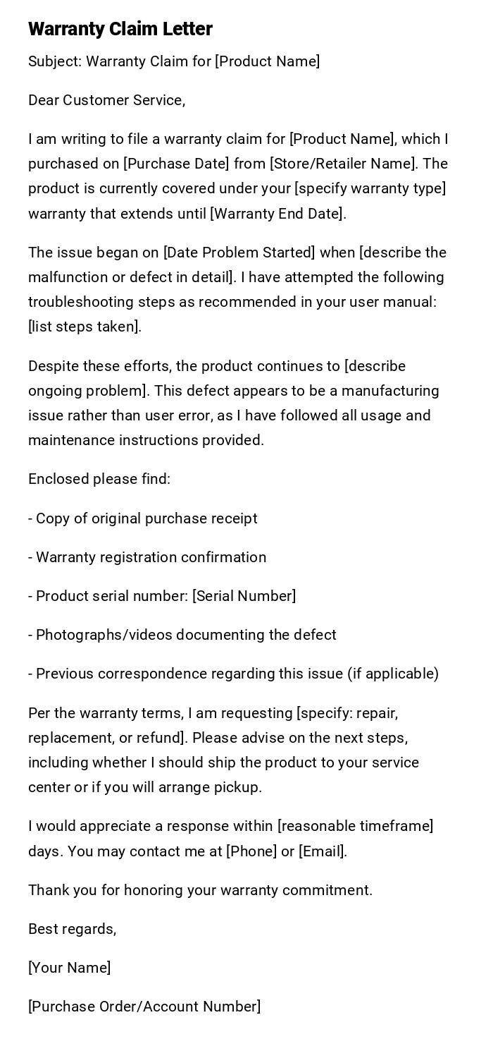 Warranty Claim Letter
