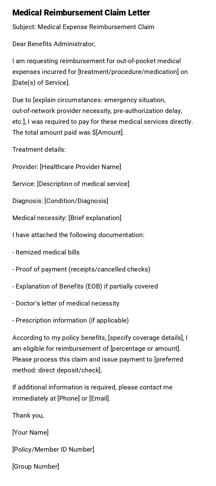 Medical Reimbursement Claim Letter