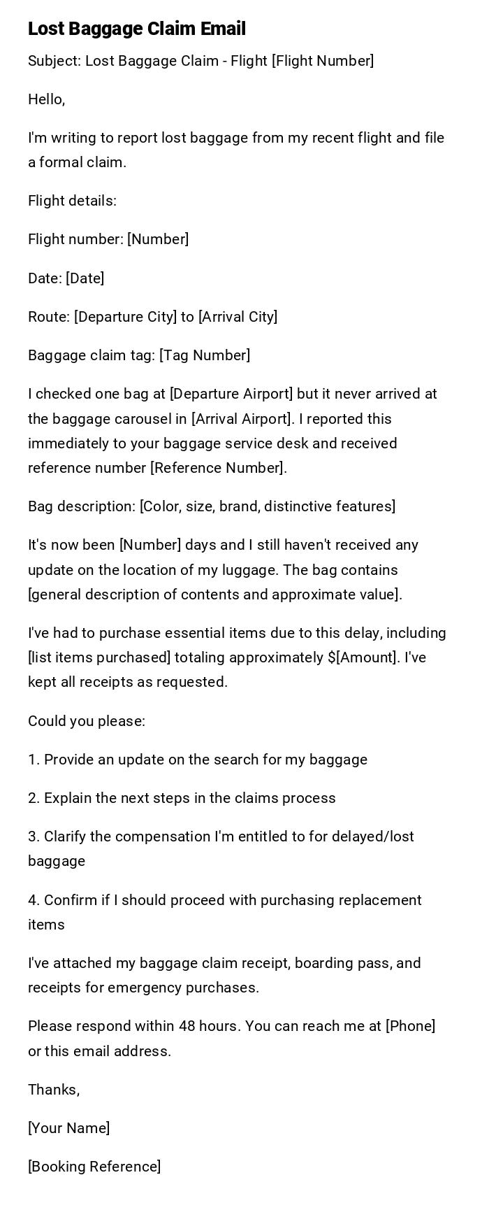 Lost Baggage Claim Email