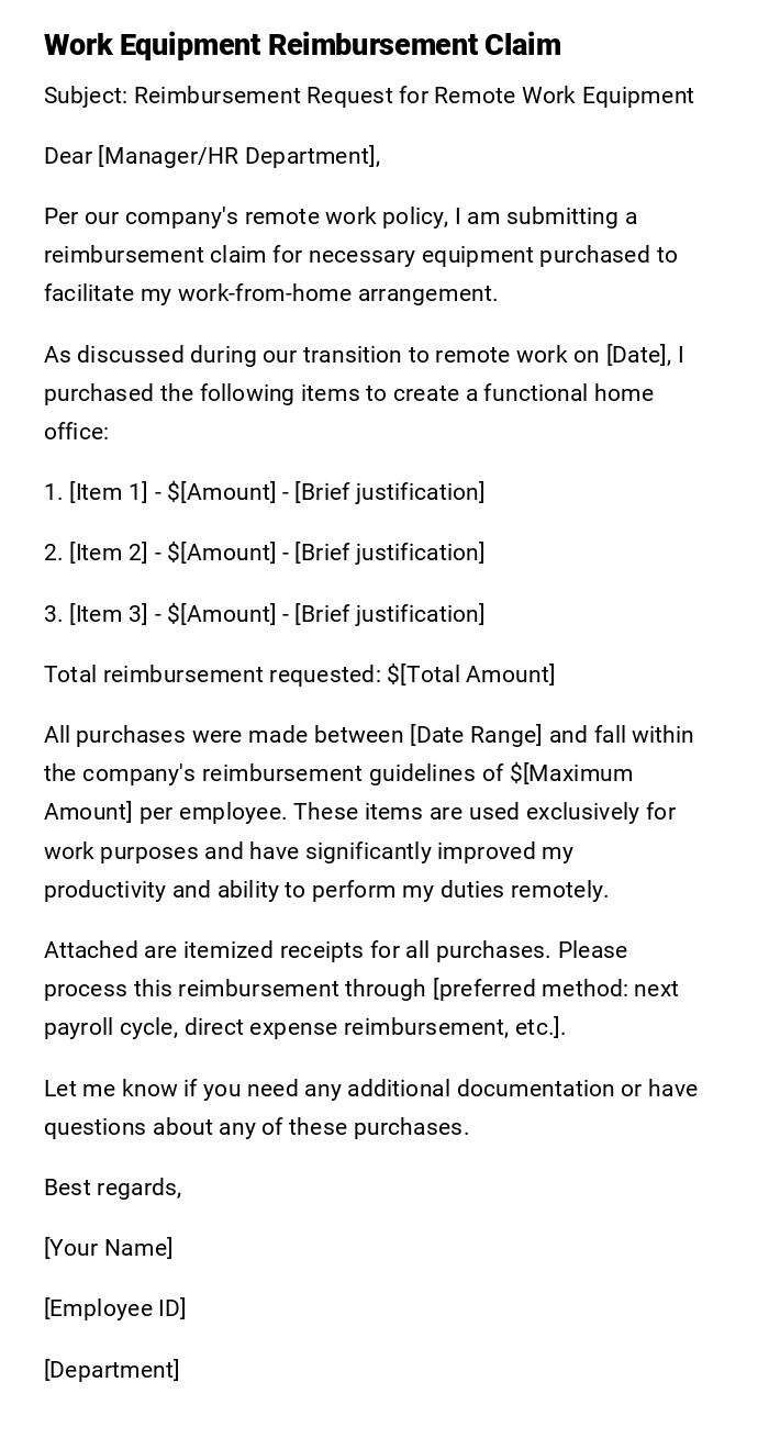 Work Equipment Reimbursement Claim