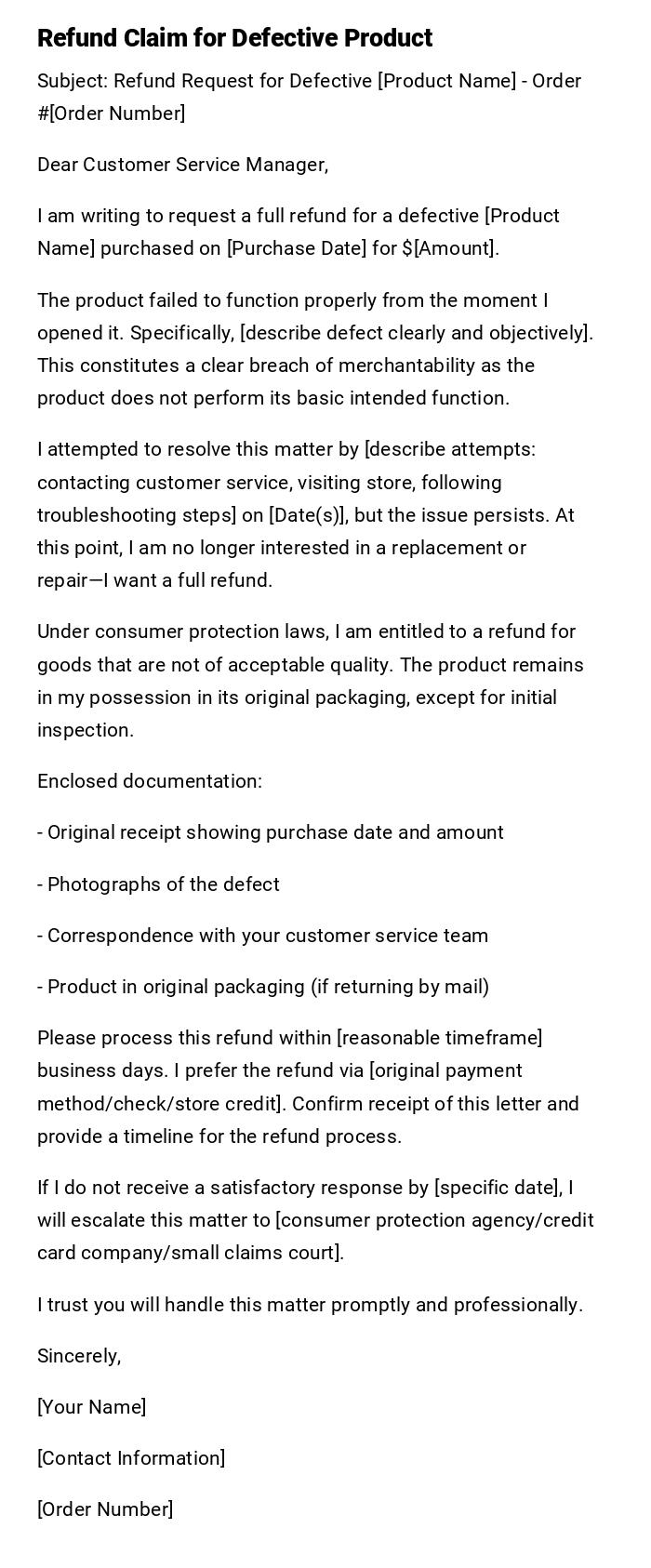 Refund Claim for Defective Product