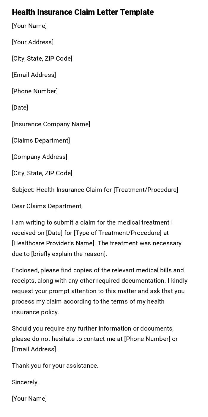 Health Insurance Claim Letter Template