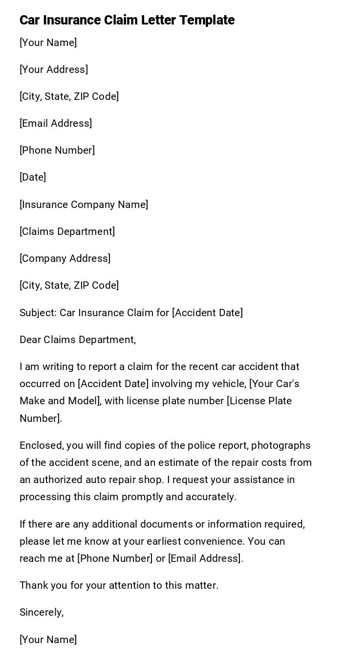 Car Insurance Claim Letter Template