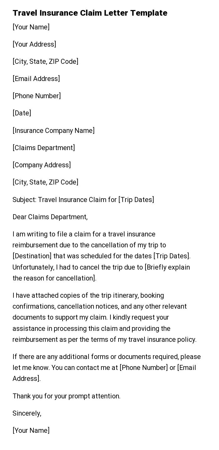 Travel Insurance Claim Letter Template