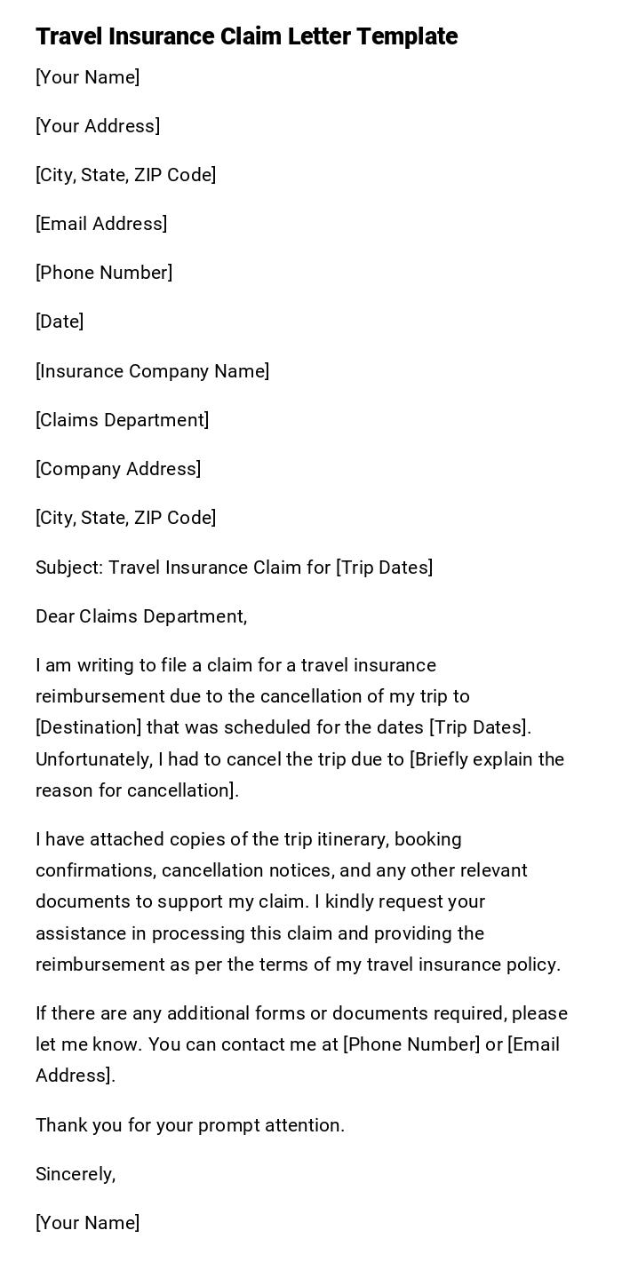 Travel Insurance Claim Letter Template