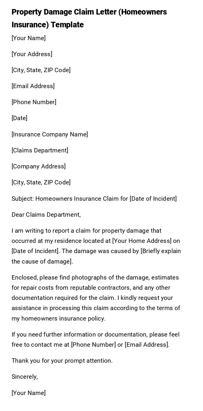 Property Damage Claim Letter (Homeowners Insurance) Template