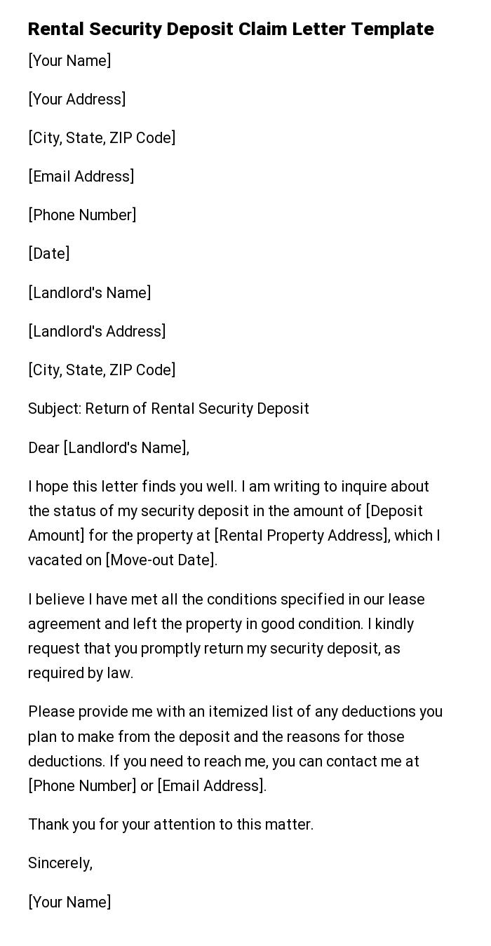 Rental Security Deposit Claim Letter Template