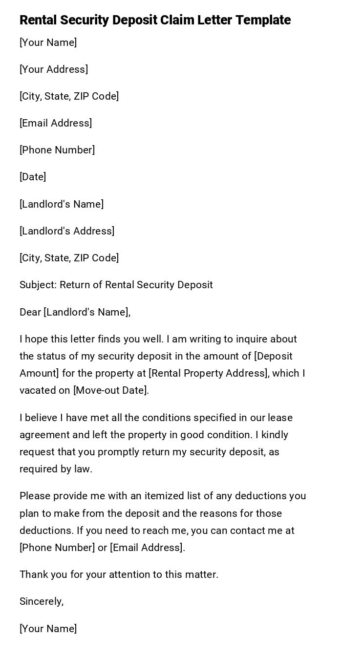 Rental Security Deposit Claim Letter Template